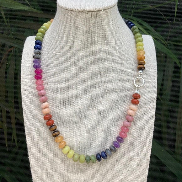 Rainbow Natural Gemstone Silk Knotted Necklace Handmade